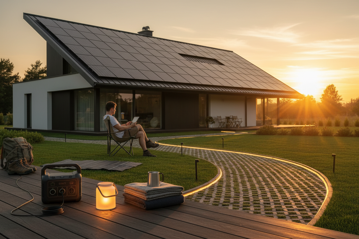 Solar-powered home, garden lighting, portable power station, and solar panels at golden hour