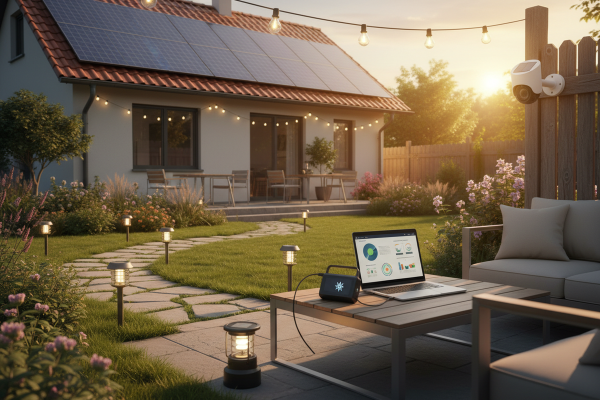 Sun-drenched backyard with solar panels, solar path lights, charging phone, and solar lantern