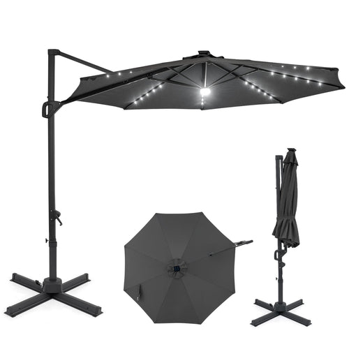 10 FT Cantilever Patio Umbrella with Solar LED Lights 360Â° Rotation