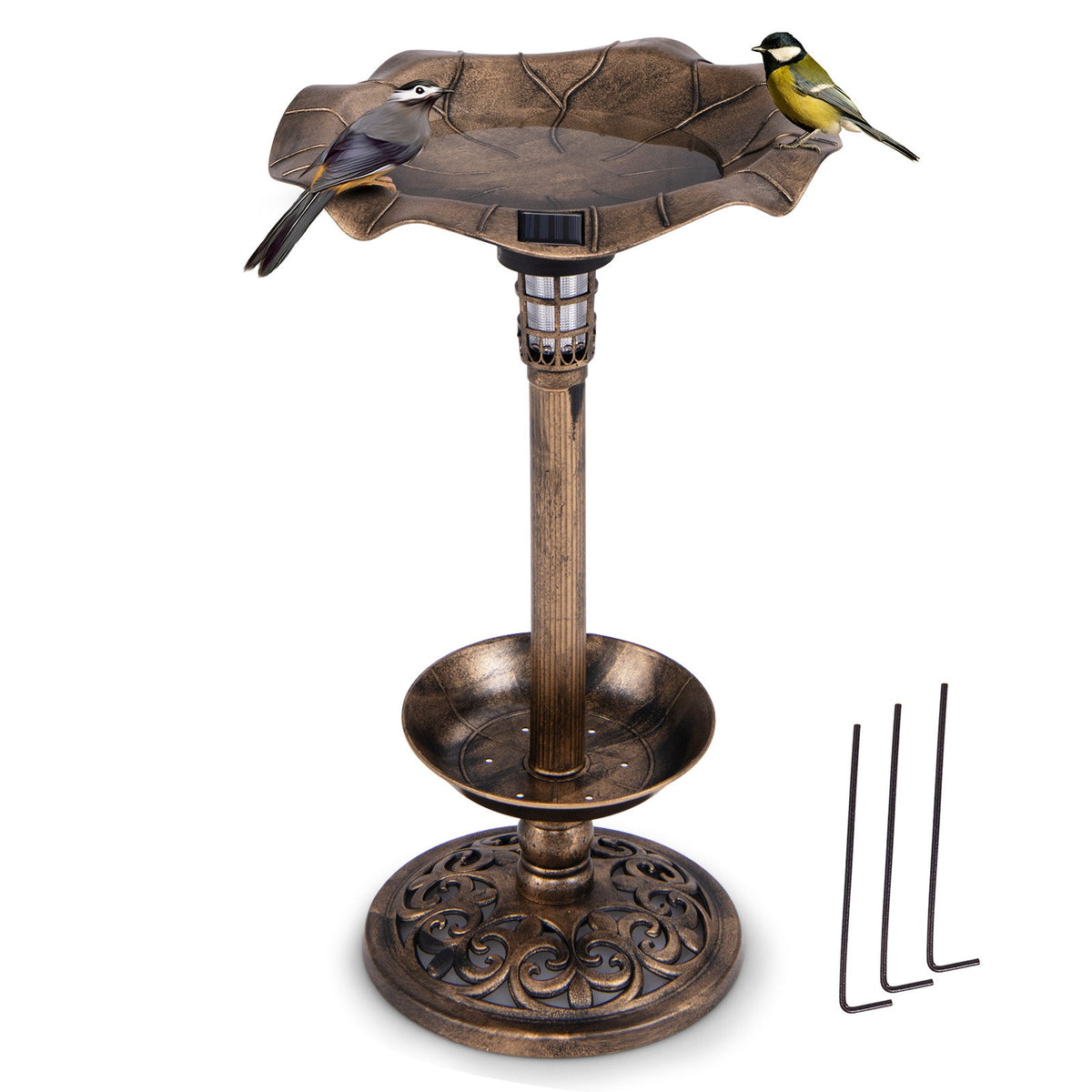 Pedestal Birdbath and Feeder with Solar Light - Lotus Leaf