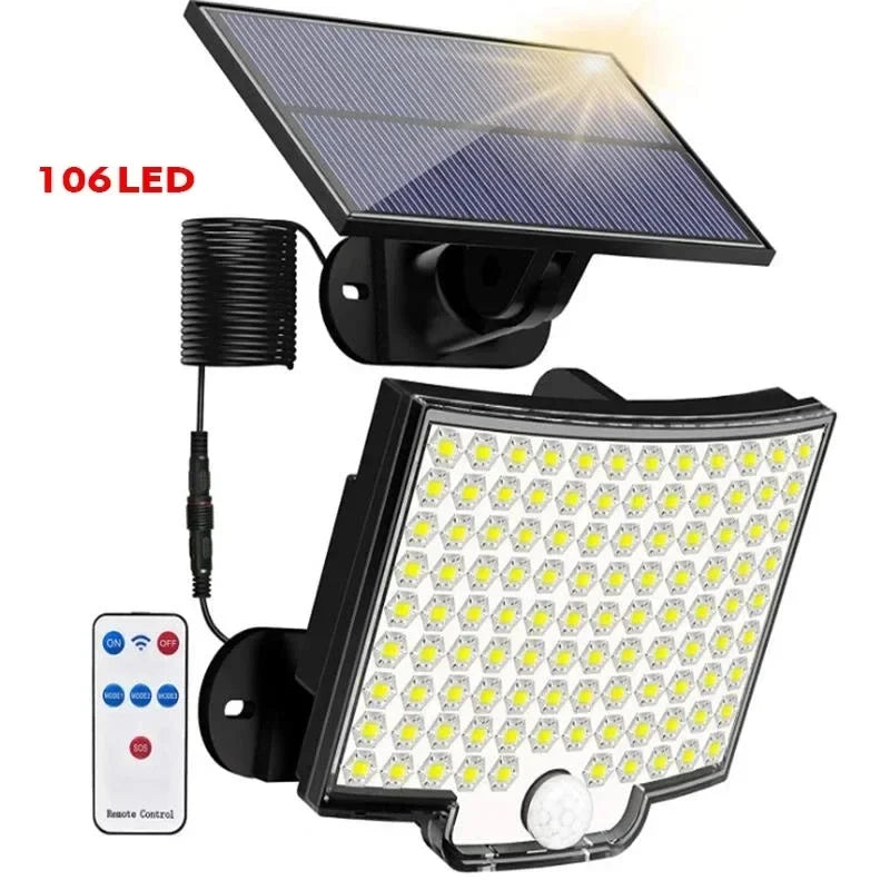 106 LED Solar Motion Light Outdoor Separate Panel Solar Flood Lights 4 Working Modes for Garden Garage Waterproof Wall Lights