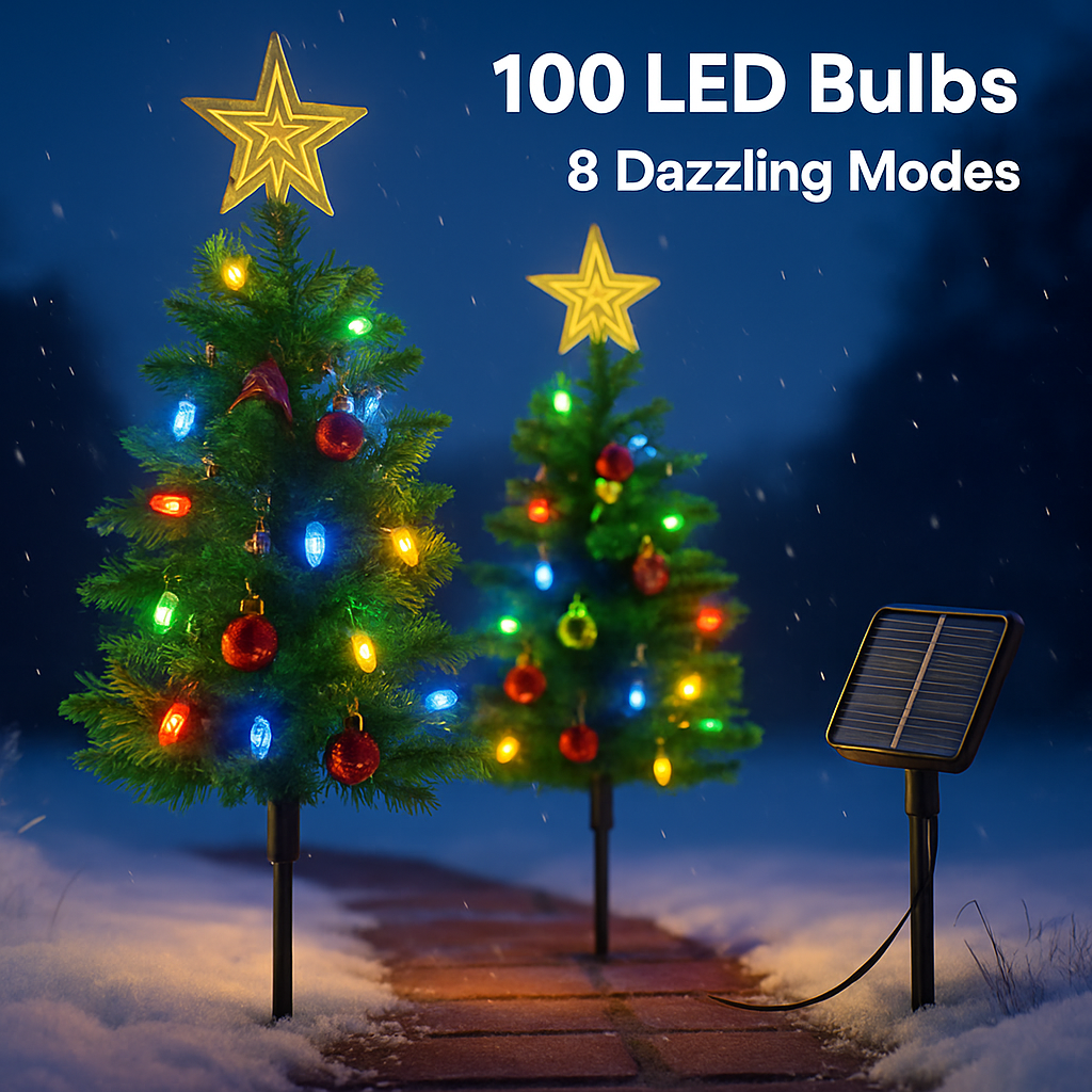 2Pack 37.4in Height Solar Christmas Tree With 100 Colorful LED Beads 8 Lighting Modes For Xmas Decoration IP44 Waterproof Outdoor Pathway Stake Light