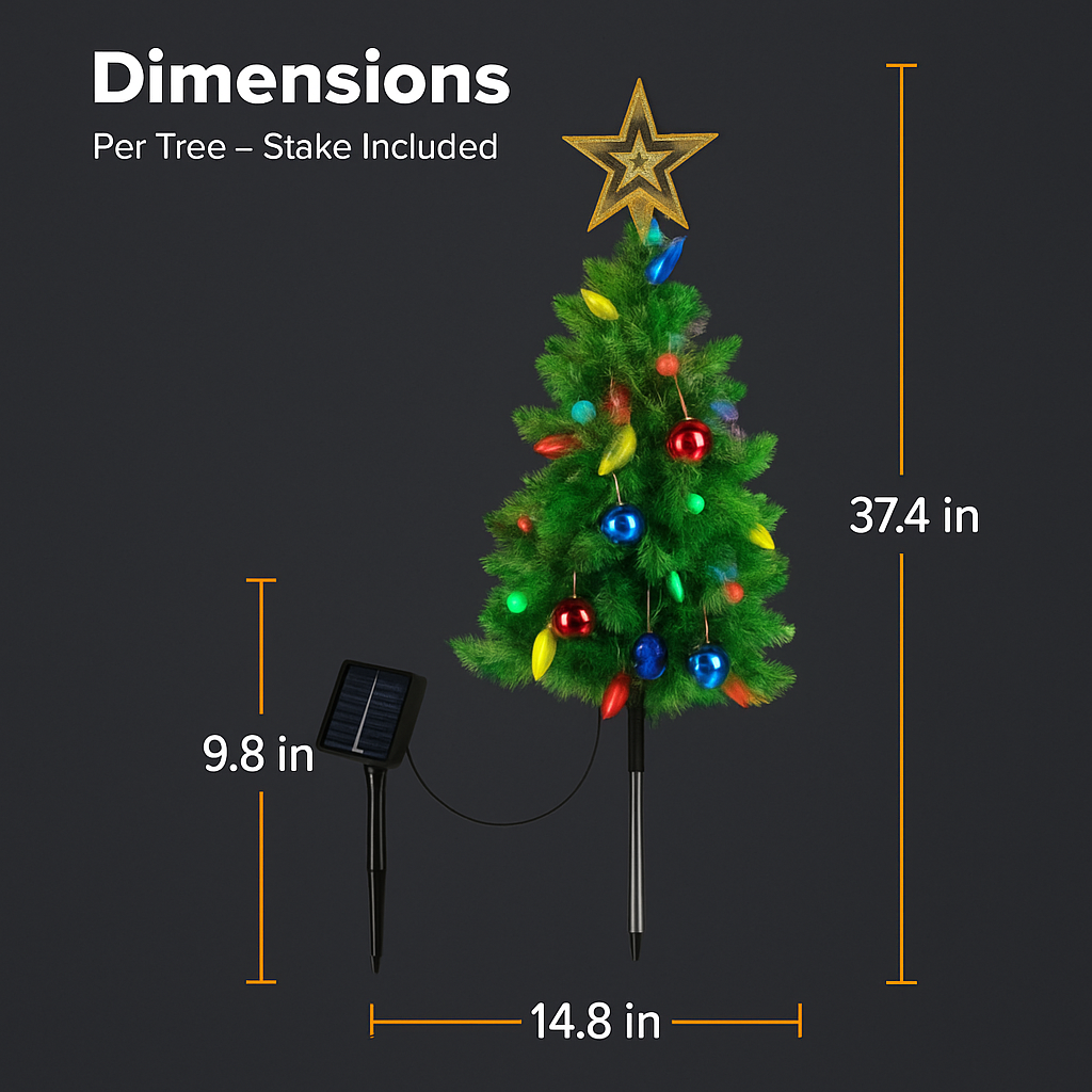 2Pack 37.4in Height Solar Christmas Tree With 100 Colorful LED Beads 8 Lighting Modes For Xmas Decoration IP44 Waterproof Outdoor Pathway Stake Light